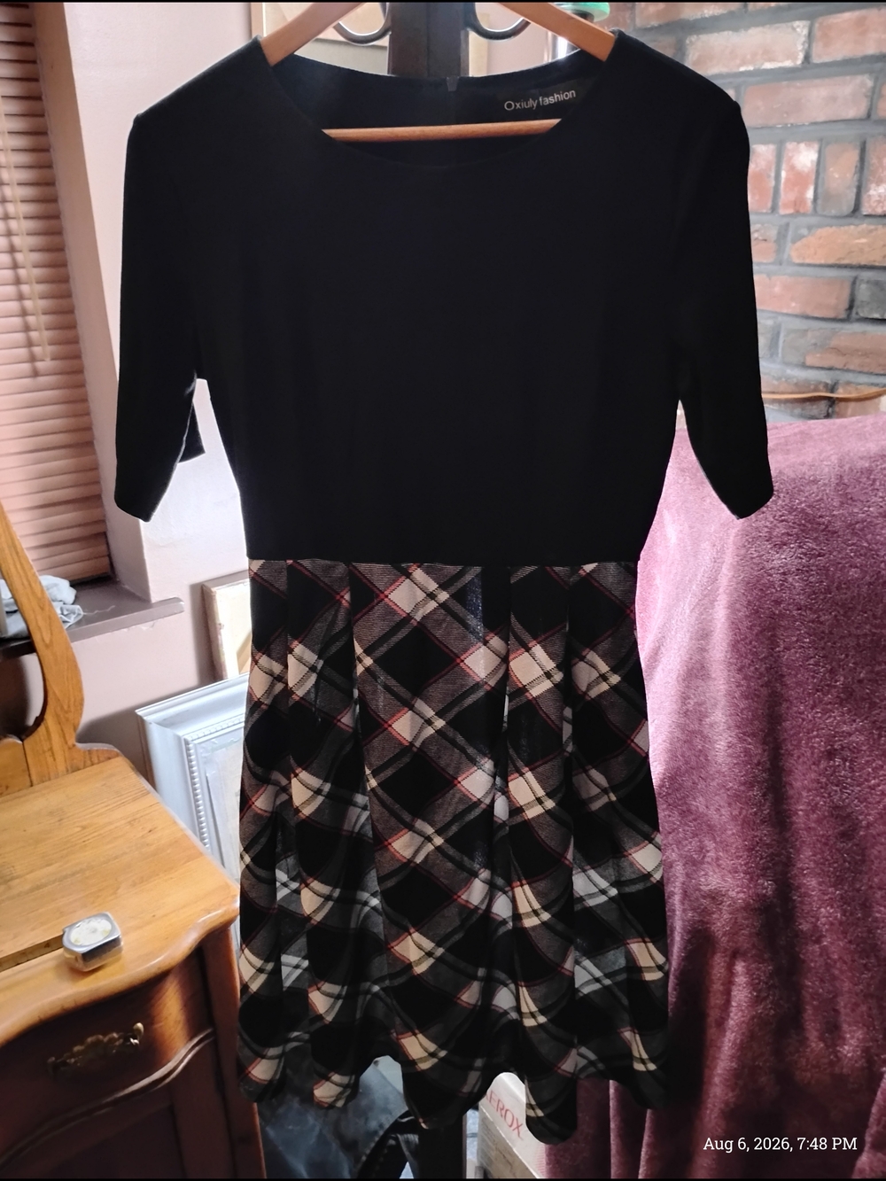 Oxiuly Fashion Black Top Plaid Skirt Fit & Flare Dress Size L